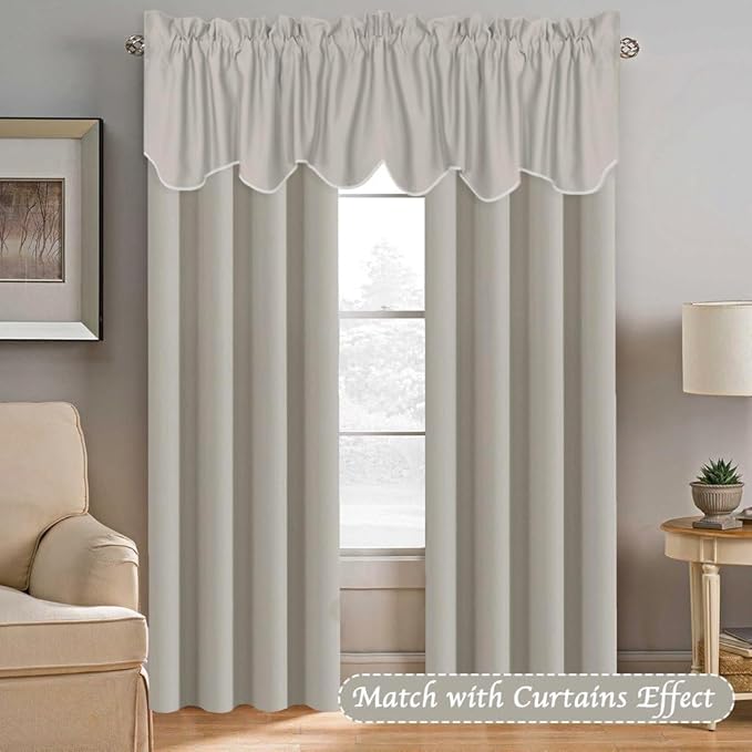 H.VERSAILTEX 2 Panels Blackout Curtain Valances for Kitchen Windows/Living Room/Bathroom Privacy Protection Rod Pocket Decoration Scalloped Window Valance Curtains, 52" W x 18" L, Ivory/Cream