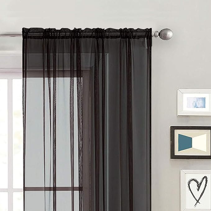 SpaceDresser Sheer Voile Window Treatment Rod Pocket Curtain Panels for Kitchen Bedroom Living Room Drapes Sunlight Filtering Privacy Semi Home Decor Assorted (Black, 52 W x 84 L)