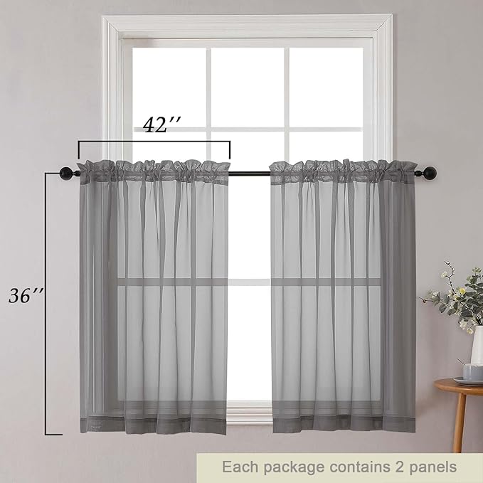 Cafe Curtains 36 Inch Length Tier 2 Pieces, Modern Soft Airy Sheer Kitchen Short Curtains for Small Window, Rod Pocket Small Curtain for Bathroom Basement, Grey, Each, 42" Wx36 L Inches