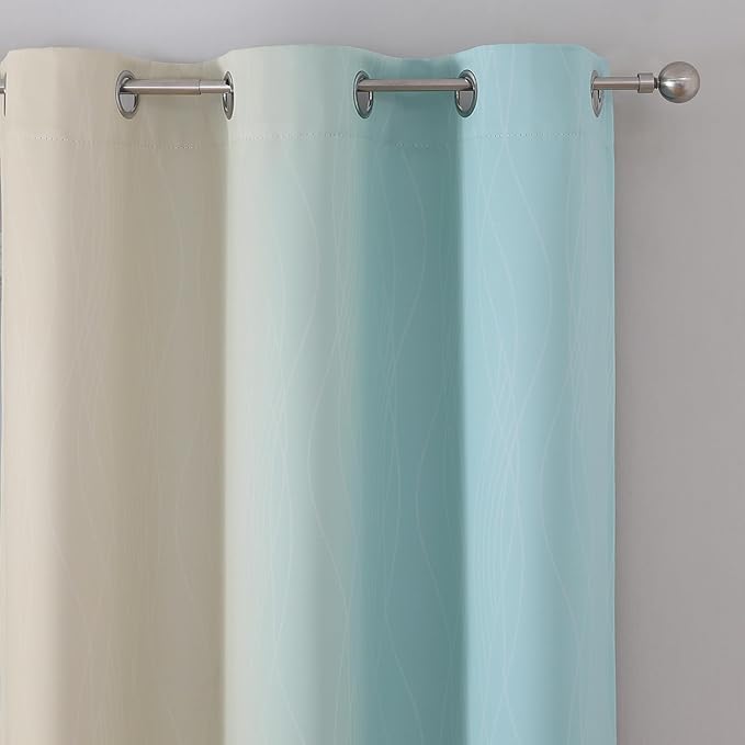 Estelar Textiler Beige and Aqua Ombre Blackout Curtains 45 Inch Length 2 Panels, Full Room Darkening Gradient Drapes for Kitchen, Thermal Insulated Grommet Short Curtains for Bathroom, 42Wx45L
