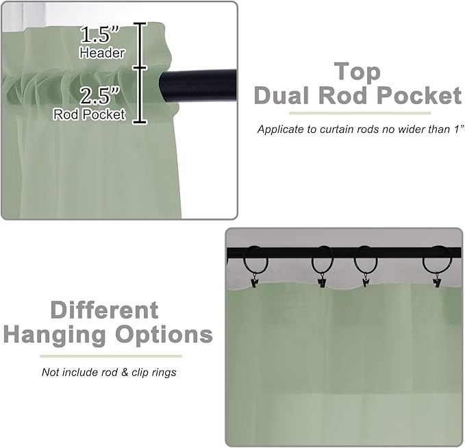 Extra Long Sheer Green Curtains for Bedroom Living Room 108 Inches Long 2 Panels Set, Solid Soft Light Filtering Rod Pocket Sheer Window Curtains, Sage, Each 59" Wx108 L Inch