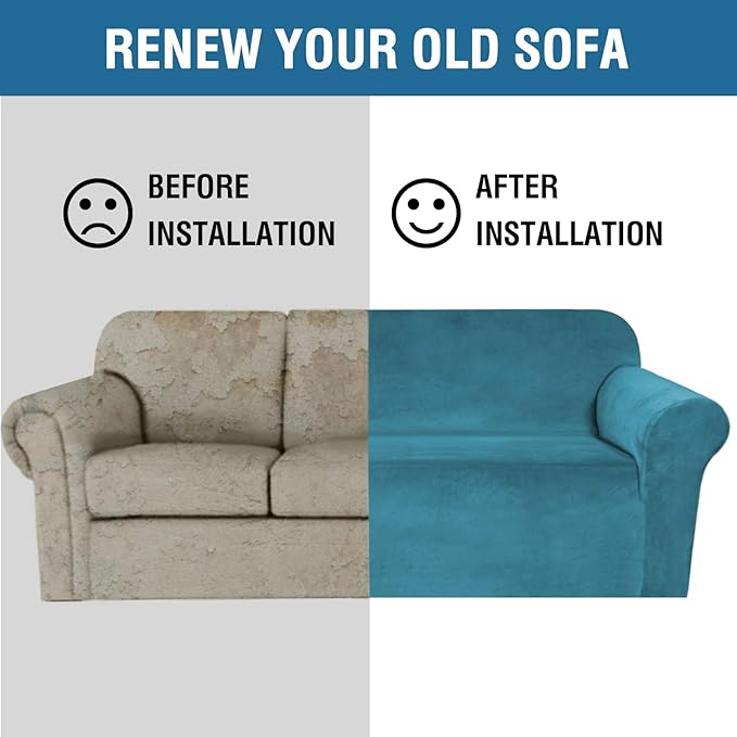 H.VERSAILTEX Stretch Velvet Sofa Covers for 3 Cushion Couch Covers Sofa Slipcovers Furniture Protector Soft with Non Slip Elastic Bottom, Crafted from Comfy Rich Velour (Sofa 72'-90', Peacock Blue)