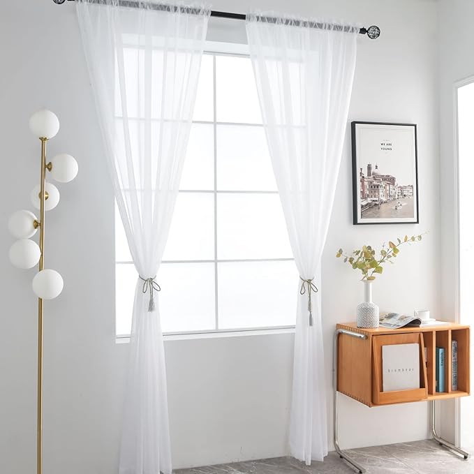 SpaceDresser Basic Rod Pocket Sheer Voile Window Curtain Panels White 1 Pair 2 Panels 42 Width 84 Inch Long for Kitchen Bedroom Children Living Room Yard(White,42 W x 84 L)