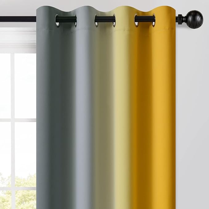 Yakamok Ombre Grey and Yellow Curtains for Bedroom, Gradient Room Darkening Curtains, Grommet Thermal Insulated Light Blocking Window Drapes/Curtain for Living Room,52 x 63 Inch,2 Panels