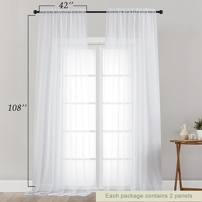 Extra Long Sheer White Curtains for Bedroom Living Room 108 Inches Long 2 Panels Set, Solid Soft Light Filtering Rod Pocket Sheer Window Curtains, White, Each 42" Wx108 L Inch