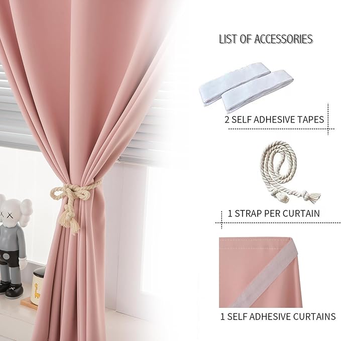 Self Adhesive Blackout Curtains- Stick on Curtains Shades Window Blinds Curtains No Rod Needed Easy to Hang Curtain, Use for Bedroom, Living Room,Roman Shades, 35" W X 71" L, Pink, 1 Panel