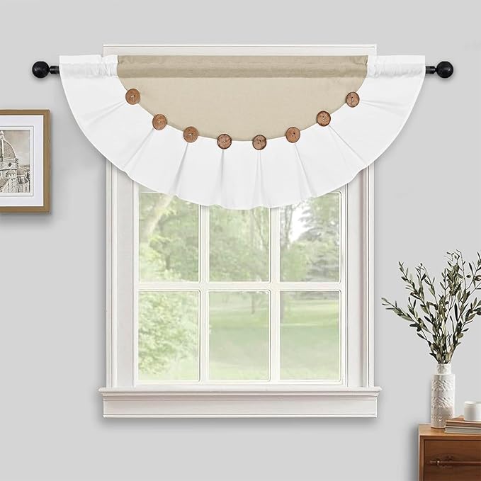 FRAMICS Farmhouse Valance Curtains, Boho Cotton Linen Kitchen Valance, Rustic Button Window Valances, Country Rod Pocket Valances for Windows Bedroom, Semi-Circular, Linen and White, 52 x 18 Inch