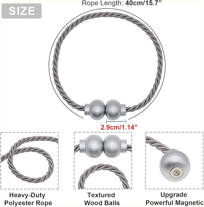 6 Pack Magnetic Curtain Tiebacks Modern Handmade Rope Curtain Tie Backs Decorative Drapes Weave Holdbacks for Home Outdoor Bedroom Office Decorative Curtain, Grey