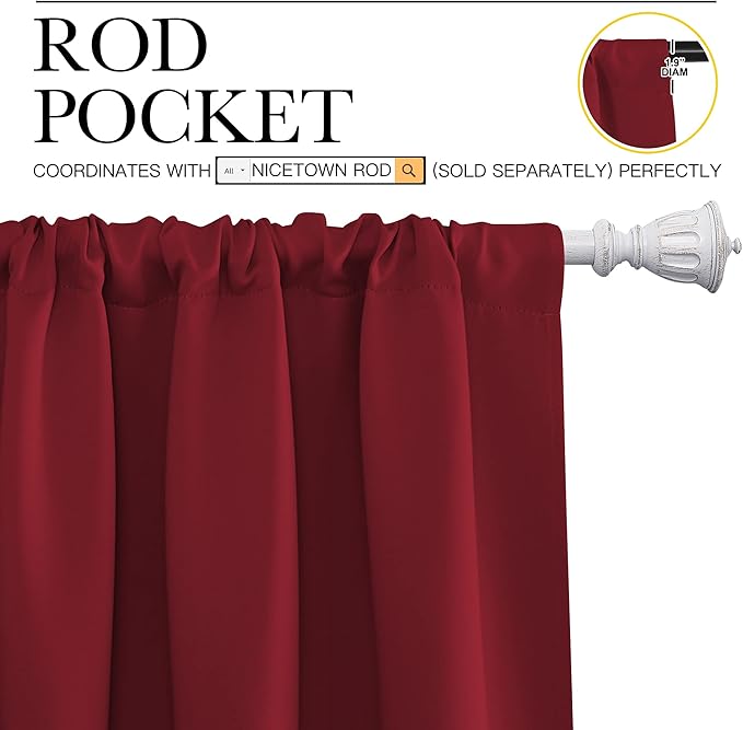 NICETOWN Christmas Burgundy Blackout Curtains and Drapes - Thermal Insulated Solid Rod Pocket Blackout Draperies/Panels for Guest Room (1 Pair, 52 by 72-Inch)