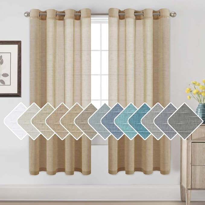 Window Treatments Linen Curtain Panels Open Weave - Natural Linen Blended Sheer Curtains with Nickel Grommet for Living Room, Privacy Assured (Taffy, 52"W x 72"L, Set of 2)