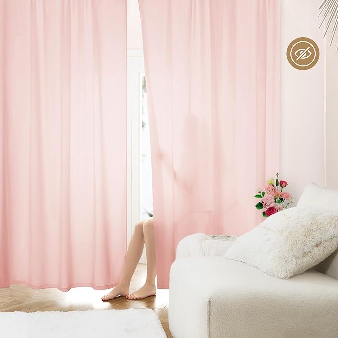 HOMEIDEAS Non-See-Through Blush Pink Privacy Sheer Curtains, 52 X 54 Inches Long 2 Panels Sheer Curtains Light Filtering Window Drapes for Bedroom Living Room