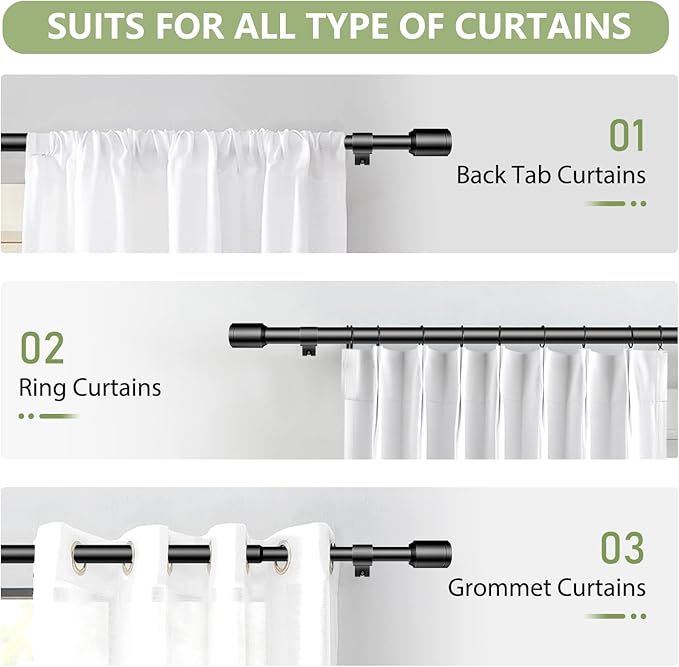 5/8” Diameter Curtain Rods 30-90 Inch, for 30-84 Inch Windows, Adjustable Splicing Black Curtain Rods for Windows with Brackets, Window Rod Long Small Curtains Rod