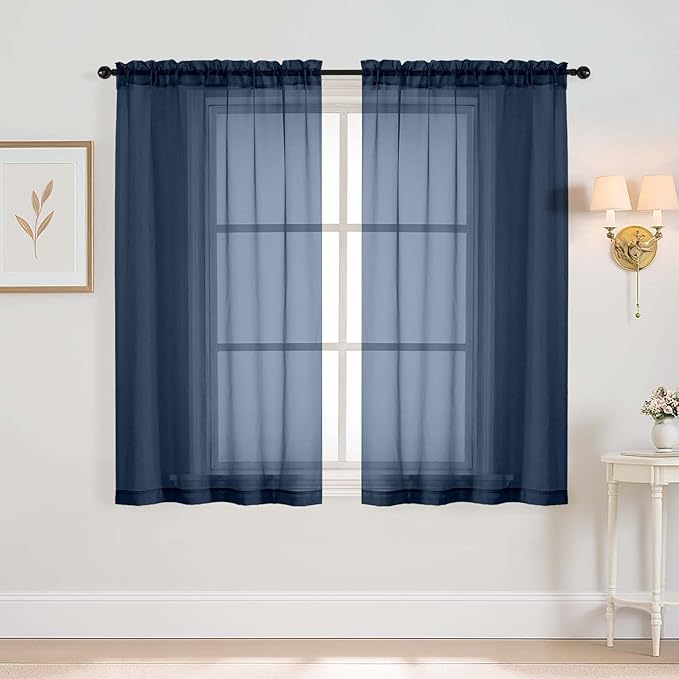Navy Blue Window Sheer Curtains 45 Inches Length, Voile Short Curtains for Living Room Bedroom, Modern Soft Window Drapes 2 Panels Set, Top Dual Rod Pocket Design, 2x42Wx45L Inches