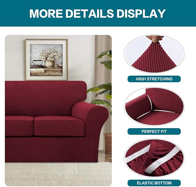Turquoize 3 Piece Sofa Covers for 2 Cushion Couch Sofa Slipcover Soft Couch Cover for Dogs-Washable Sofa Furniture Covers with 2 Individual Cushion Covers, Thick Jacquard Fabric (Loveseat, Burgundy)