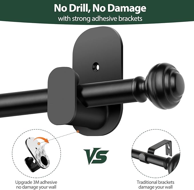 KAMANINA Curtain Rods No Drilling for Windows 16 to 30 Inches, 5/8 Inch Adjustable Small Curtain Rod with 3M Adhesive Brackets without Drilling, Black