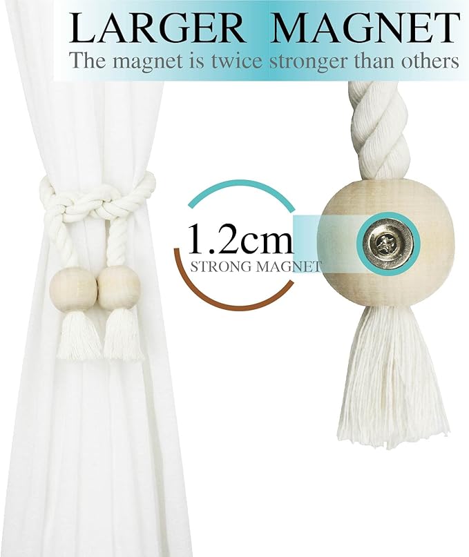 4 Pack Magnetic Curtain Tiebacks Cotton Hand Woven Tie Back Decorative Rope Holdbacks for Curtains Draperies No Tools Required, Cream