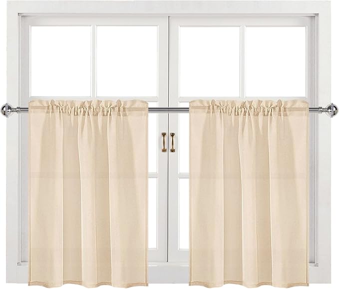 DWCN Beige Sheer Curtains for Kitchen Windows - Rod Pocket Semi Transparent Voile Tier Curtains for Bedroom, Living Room, Farmhouse, 36 x 36 inches Long, Set of 2 Panels