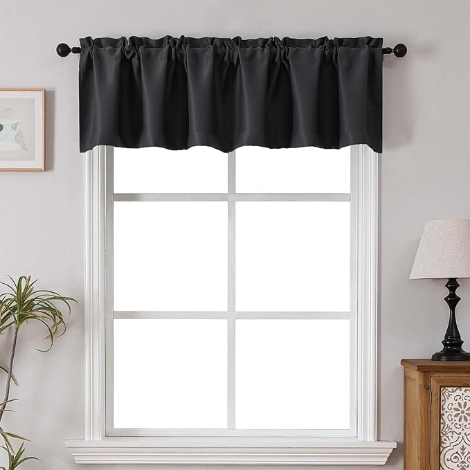 Chyhomenyc Black Blackout Valances for Windows, Short Window Valance Curtains for Living Room Bedroom Bathroom, Room Darkening Solid Privacy Small Kitchen Valances, 60Wx16L, 2 Pack