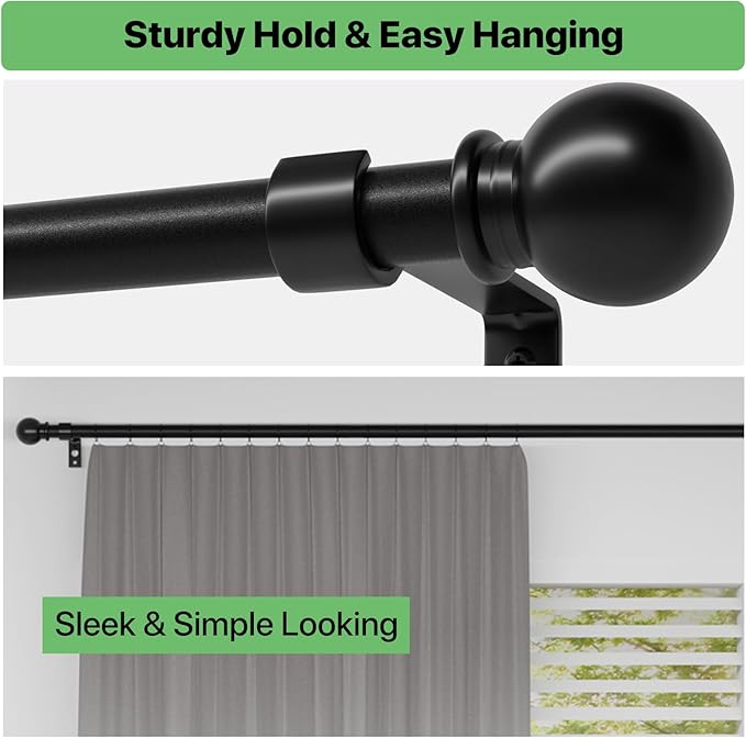Black Curtain Rods for Windows 48 to 84, Adjustable Curtain Rod Set with Brackets Easy Install, Decorative Slender 5/8 Diameter Drapery Rod, Heavy Duty Drape Pole for Bedroom, Living Room