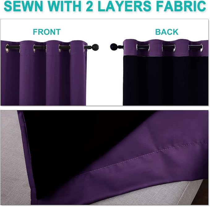 NICETOWN 100% Blackout Curtains with Black Liner Backing, Thermal Insulated Curtains for Living Room, Noise Reducing Drapes, Royal Purple, 37" Wide x 50" Long Per Panel, Set of 2 Panels