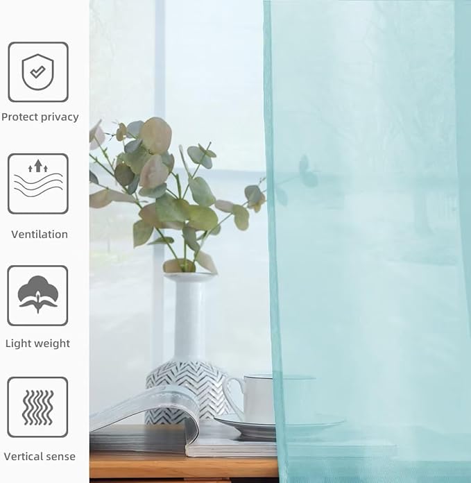 youleyar Solid Sheer Rod Pocket Curtain Voile Draperies 2 Panels White Beige Black Grey Ivory 52 Inch Width 63 Inch Long 1 Pair for Kitchen Bedroom Children Living Room Yard (Sky Blue,52Wｘ63L)