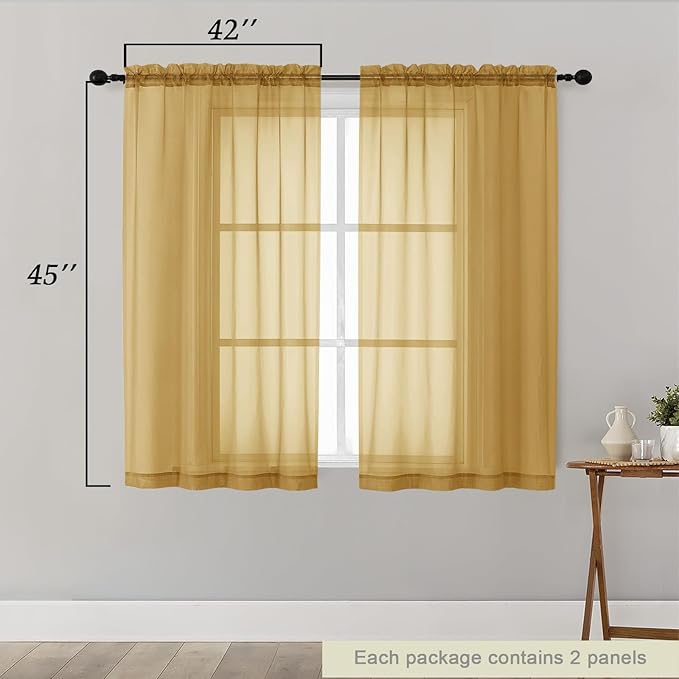 Gold Sheer Curtains for Bedroom Living Room 45 Inch Length 2 Panels, Soft Airy Light Filtering Small Kitchen Window Curtains, Rod Pocket Short Curtain Drapes, Gold, 42" Wx45 L Inches