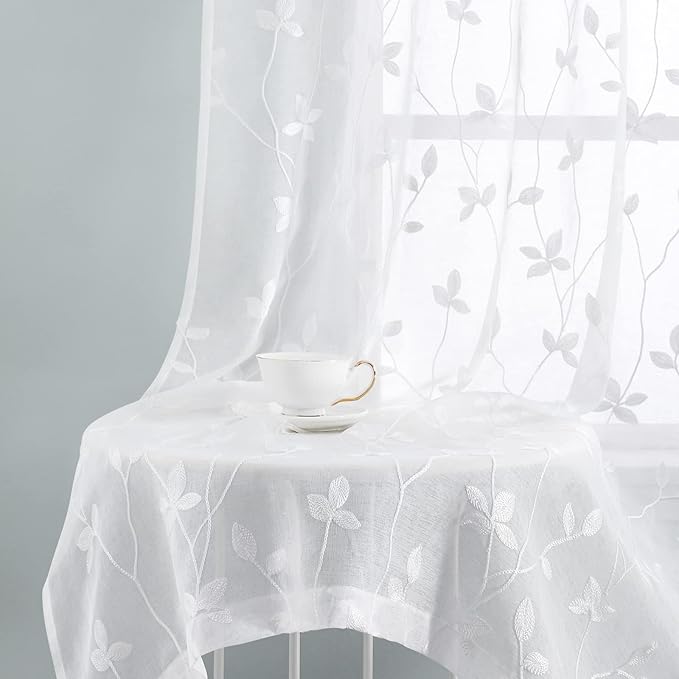 HOMEIDEAS White Sheer Curtains 52 X 63 Inches Length 2 Panels Embroidered Vine Floral Pattern Pocket Faux Linen Semi Sheer Voile Window Drapes for Bedroom Living Room