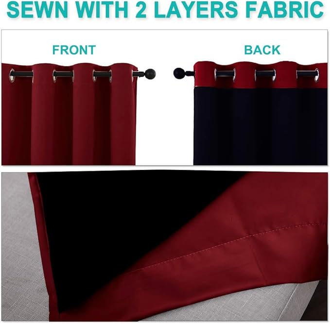 NICETOWN Burgundy Red Full Shade Curtain Panels, 37" Wide x 84" Long, Pair of Thermal Insulated & Energy Efficiency Blackout Drapes for Living Room Windows, Lined Silky Performance Window Dressing