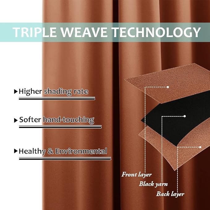 NICETOWN Burnt Orange 100% Blackout Lined Curtains, 2 Thick Layers Completely Blackout Window Treatment Thermal Insulated Drapes for Kitchen/Bedroom (1 Pair, 62" Width x 63" Length Each Panel)