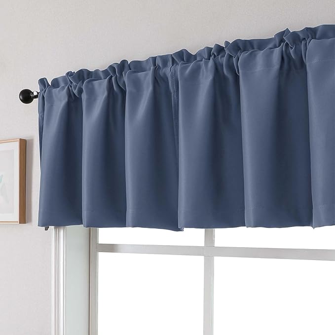Chyhomenyc Blackout Valances for Windows, Short Window Valance Curtains for Living Room Bedroom Bathroom, Room Darkening Solid Privacy Small Kitchen Valances, 60Wx16L, 2 Pack, Denim Blue