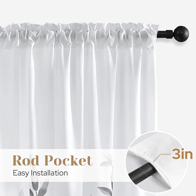 HOMEIDEAS Non-See-Through Light Grey and White Privacy Sheer Curtains 52 X 63 Inch Length 2 Panels, Leaf Floral Printed Light Filtering Semi Sheer Window Curtains Drapes for Bedroom Living Room