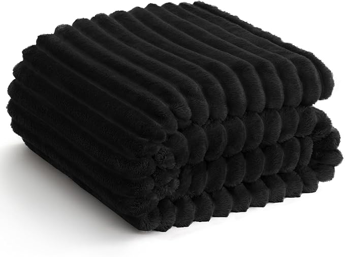 HIMEET Black Ribbed King Size Blanket for Bed - 300GSM Lightweight Fleece Blanket for Men Women, Large Cozy Sofa Couch Bed Blankets Gifts, Striped Spring Home Room Decor, Black, 108x90 Inches