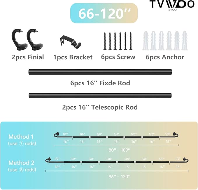 TVWOO Black Wrap Around Curtain Rods:5/8" Small Blackout Adjustable Window Curtain Rod for Bedroom Kitchen Apartment Renter Friendly,Room Darkening Curved Drapery Rods Easy Install,Matte Black 66-120"