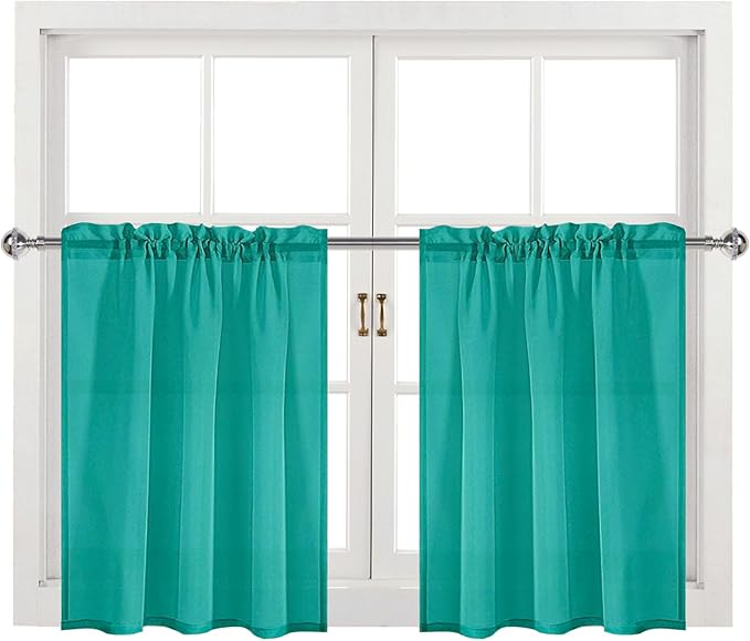 DWCN Teal Sheer Curtains for Kitchen Windows - Rod Pocket Semi Transparent Voile Tier Curtains for Bedroom, Living Room, Farmhouse, 36 x 36 inches Long, Set of 2 Panels