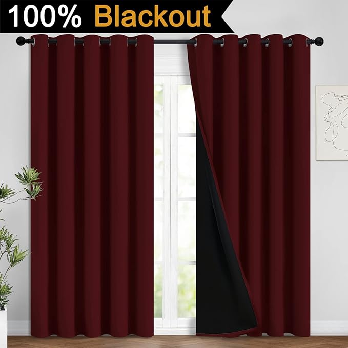Yakamok 100% Blackout Lined Panels, Room Darkening Thermal Insulated Blackout Curtains for Bedroom, Heat Blocking Drapes for Living Room(62Wx84L, Burgundy Red, 2 Panels)