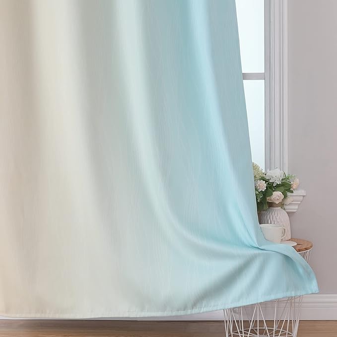 Estelar Textiler Aqua and Beige Gradient Blackout Curtains for Boys Room, Ombre Thermal Insulated Noise Reducing Blackout Drapes for Playroom, Full Room Darkening Grommet Curtains, 52Wx63L, 2 Panels