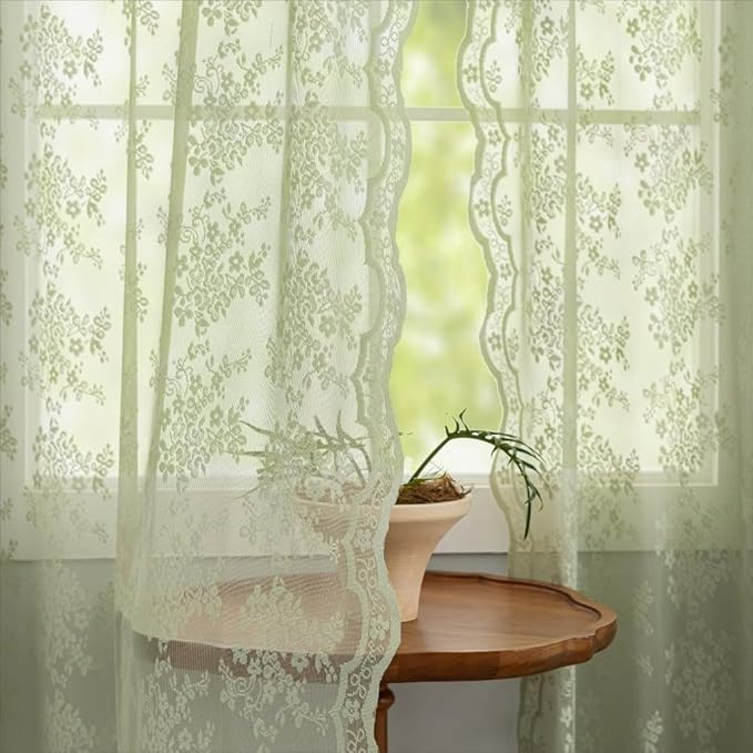YJ YANJUN Vintage Lace Curtains -Victorian Floral Sage Green 102 inches Curtains for Bedroom Sliding Glass Door Light Filtering Bohemian Farm House Cottage Core Decor Total 104 Wide 12 FT Long