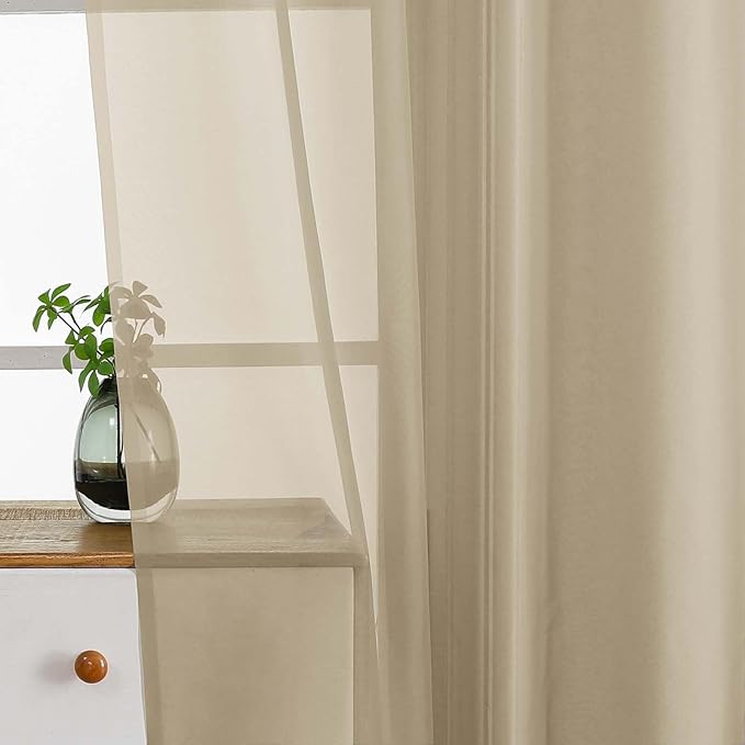 Taupe Window Sheer Curtains 45 Inches Length, Voile Short Curtains for Living Room Bedroom, Modern Soft Window Drapes 2 Panels Set, Top Dual Rod Pocket Design, 2x42Wx45L Inches