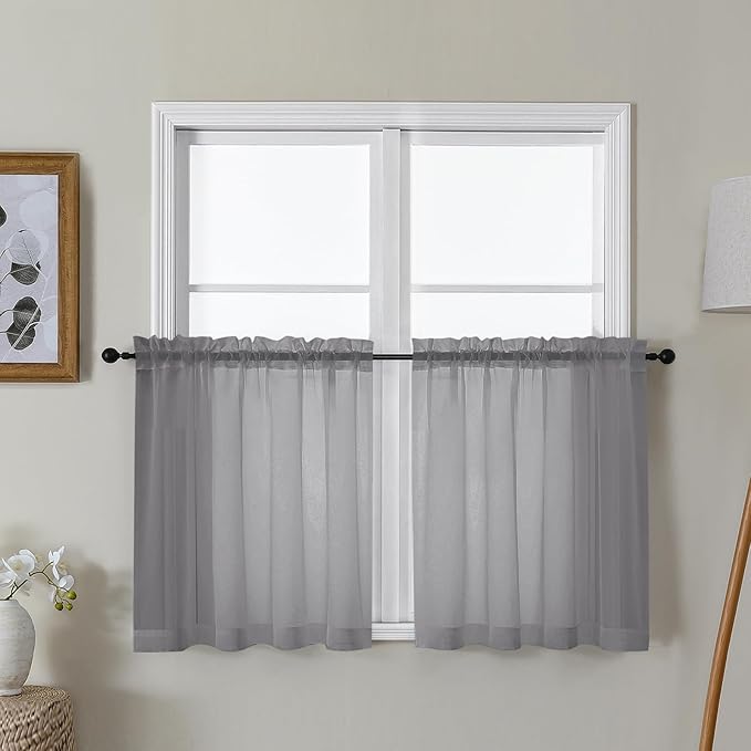 Gwine Charcoal Grey Sheer Curtain Tiers 24 Inch Length, Light Filtering Voile Short Curtain for Living Room Bedroom, Rod Pocket Cafe Curtains for Small Windows 42x24 Inch, 2PCS