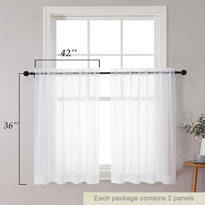 Cafe Curtains 36 Inch Length Tier 2 Pieces, Modern Soft Airy Sheer Kitchen Short Curtains for Small Window, Rod Pocket Small Curtain for Bathroom Basement, White, Each, 42" Wx36 L Inches
