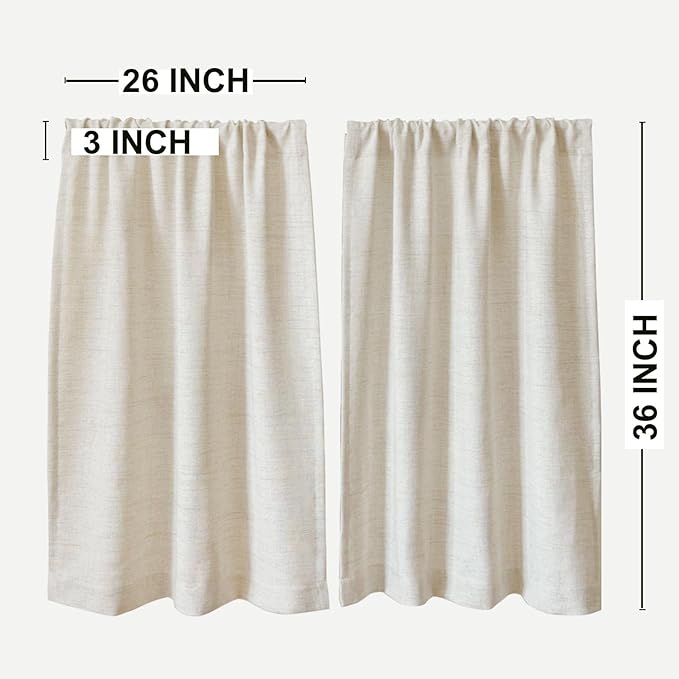 Faux Linen Kitchen Curtains 36 Inch Length Cafe Curtain Tiers for Living Room Bathroom Basement Windows Country Rustic Small Short Curtains, Set of 2, Natural