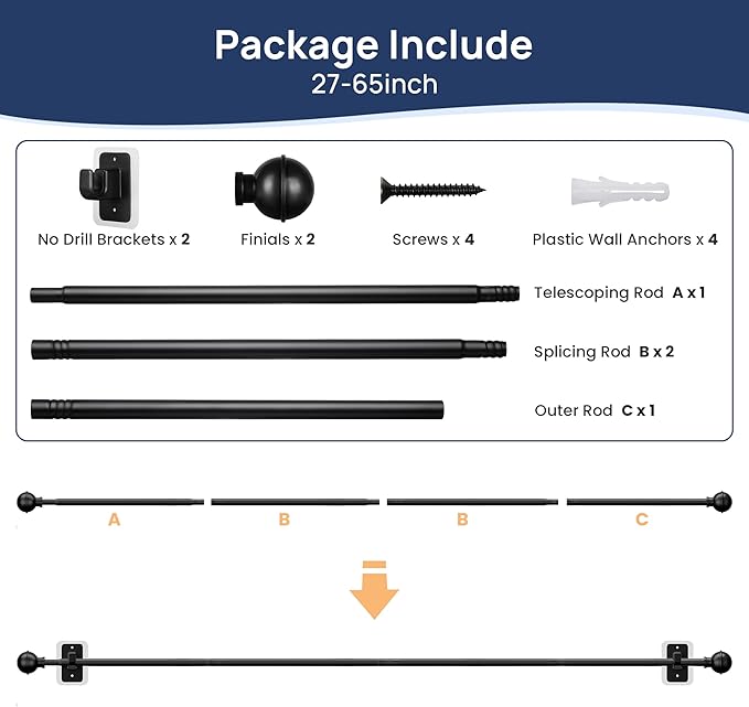 ENJOYBASICS No Drill Curtain Rods for Window 28 to 60 Inches, 5/8 Inch Diameter Renter Friendly Drapery Rod with Adhesive Brackets without Drilling, Adjustable from 27 to 65 Inches, Black