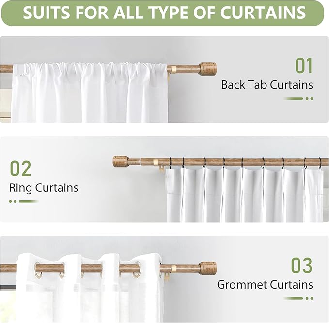 5/8” Diameter Curtain Rods 30-60 Inch, for 30-54 Inch Windows, Adjustable Splicing Wood Grain Curtain Rods for Windows with Brackets, Window Rod Long Small Curtains Rod, 2 Pack