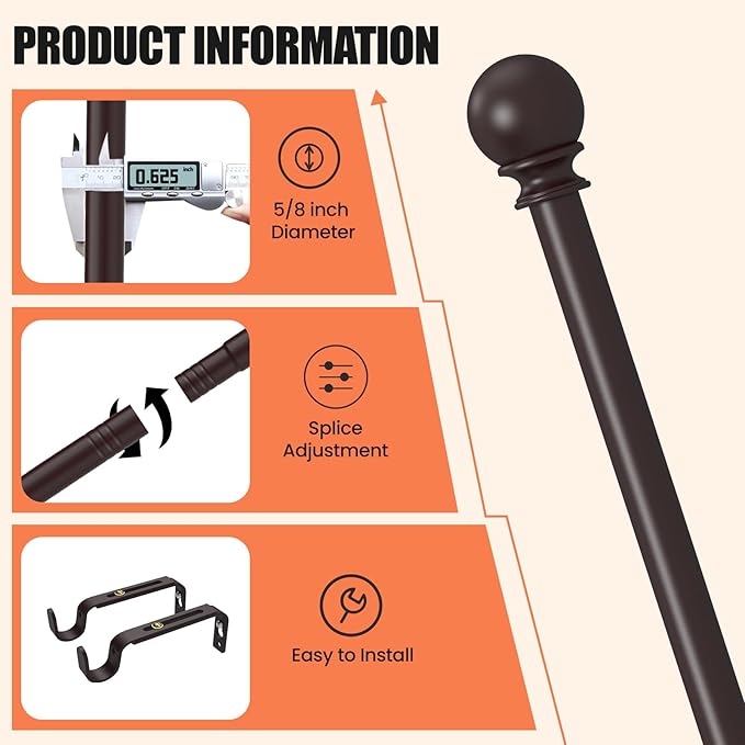 Curtain Rods for Windows 30 to 75 Inch, 2 Pack 5/8 Inch Heavy Duty Decorative Curtain Rod with Ball End Caps, Adjustable Brackets. Easy to install. Brown.