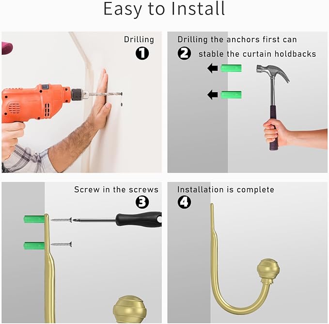 Hion Curtain Holdbacks Gold 6pcs, Curtain Tiebacks Wall Mounted Curtain Hooks Holders for Drapes