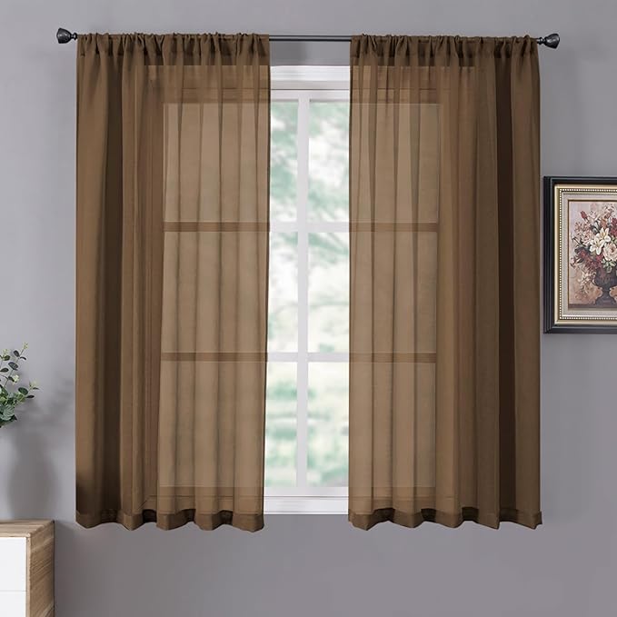 Tollpiz Short Sheer Curtains Linen Textured Living Room Curtain Sheers Light Filtering Rod Pocket Voile Curtains for Bedroom, 42 x 45 inches Long, Brown, Set of 2 Panels