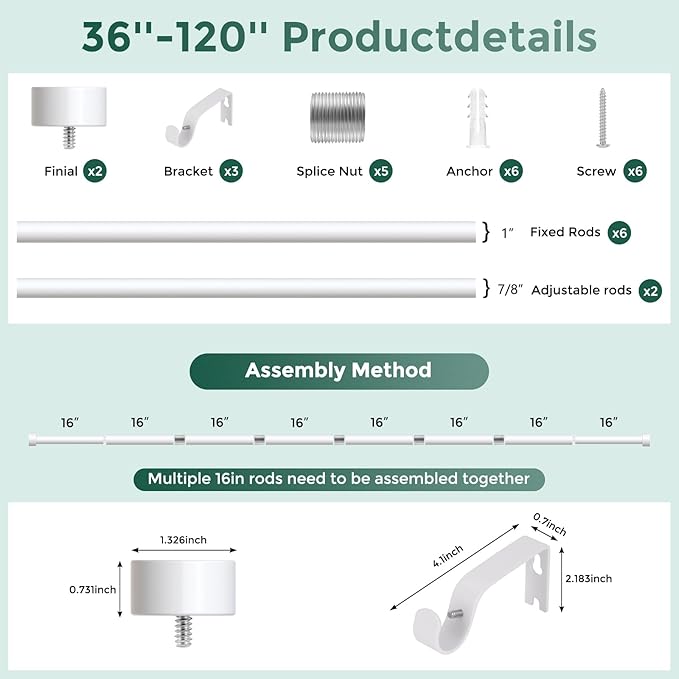 VOIIY White Curtain Rods for Windows 66 to 120 Inch(5.5-10 Feet),1" Diameter Drapery Rods with Modern Style End Cap Finials,Size:36-120 Inch