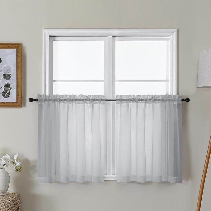 Gwine Light Grey Sheer Curtain Tiers 24 Inch Length, Light Filtering Voile Short Curtain for Living Room Bedroom, Rod Pocket Cafe Curtains for Small Windows 42x24 Inch, 2PCS