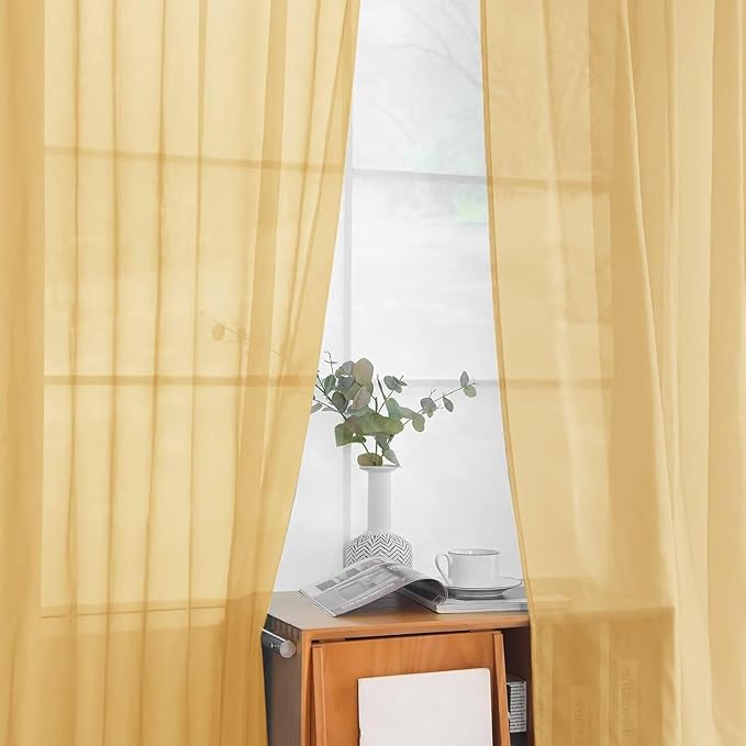 youleyar Solid Sheer Rod Pocket Curtain Voile Draperies 2 Panels White Beige Black Grey Ivory 52 Inch Width 108 Inch Long 1 Pair for Kitchen Bedroom Children Living Room Yard (Gold,52Wｘ108L)