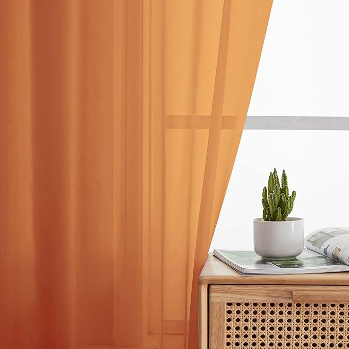 Orange Sheer Curtains for Bedroom Living Room 45 Inch Length 2 Panels, Soft Airy Light Filtering Small Kitchen Window Curtains, Rod Pocket Short Curtain Drapes, Orange, 42" Wx45 L Inches